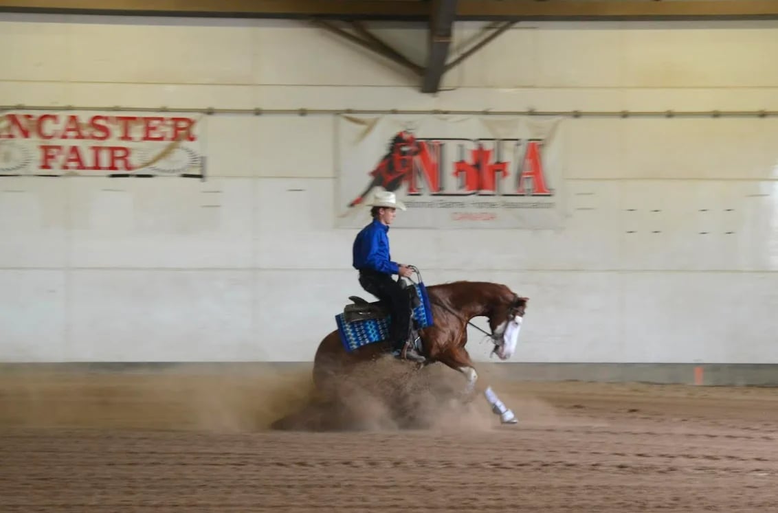 Rider in blue shirt on brown horse performing in indoor arena with Lancaster Fair signage visible