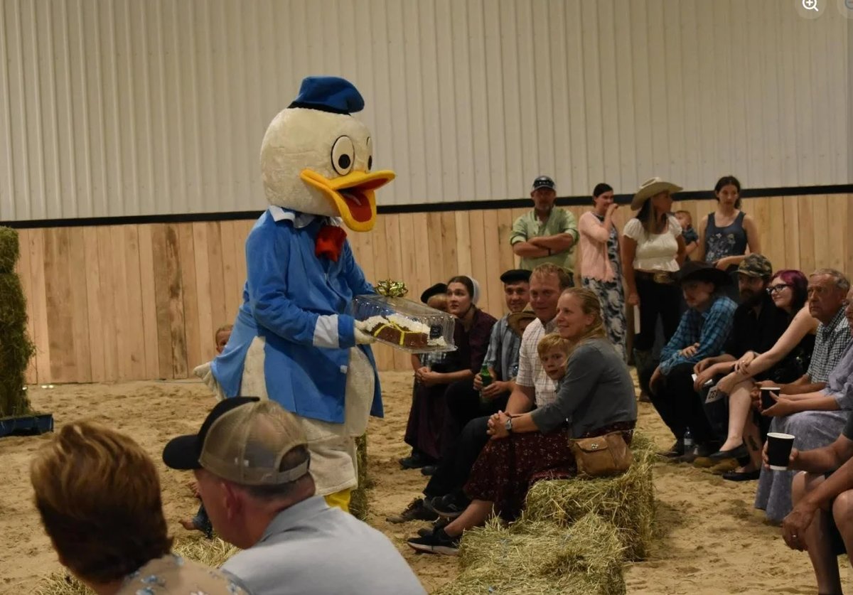 A person dressed as a duck mascot entertains a group of people sitting in sand inside a barn.
